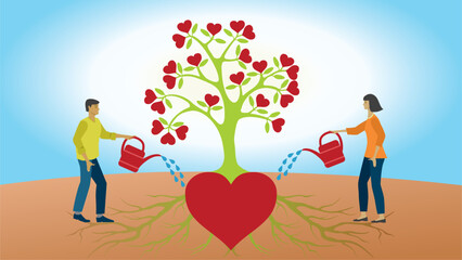 Obraz na płótnie Canvas Couple giving water to ther heart love tree. Relations and advices. Dimension 16:9. Vector illustration. 
