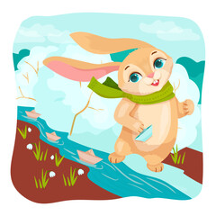 Obraz na płótnie Canvas A cute rabbit in a green scarf is playing with a paper boat. Spring games on the street. Cheerful bunny. Vector illustration on a white background.