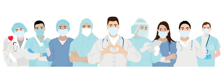 Fototapeta premium Many doctors wearing medical masks on white background