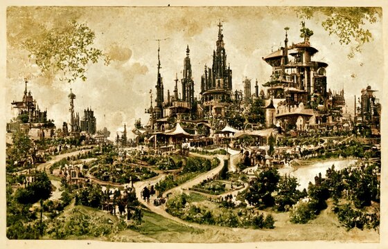 Illustration of an imaginary castle town in sepia colors.