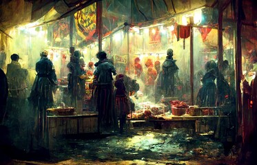 A shopping street at night in a fantasy world.