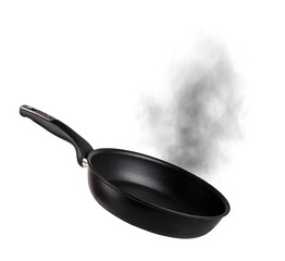 empty frying pan and smoke isolated on white background