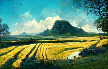 A rural landscape with mysteriously shaped mountains.