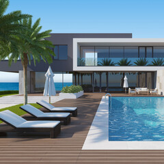 Modern villa with swimming pool. Architecture concept for Real estate. 3d illustration