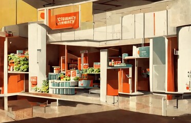 A corner of a futuristic supermarket sales floor.