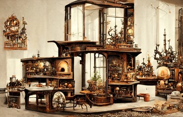 Fototapeta na wymiar CG illustration of antique furniture and figurines.