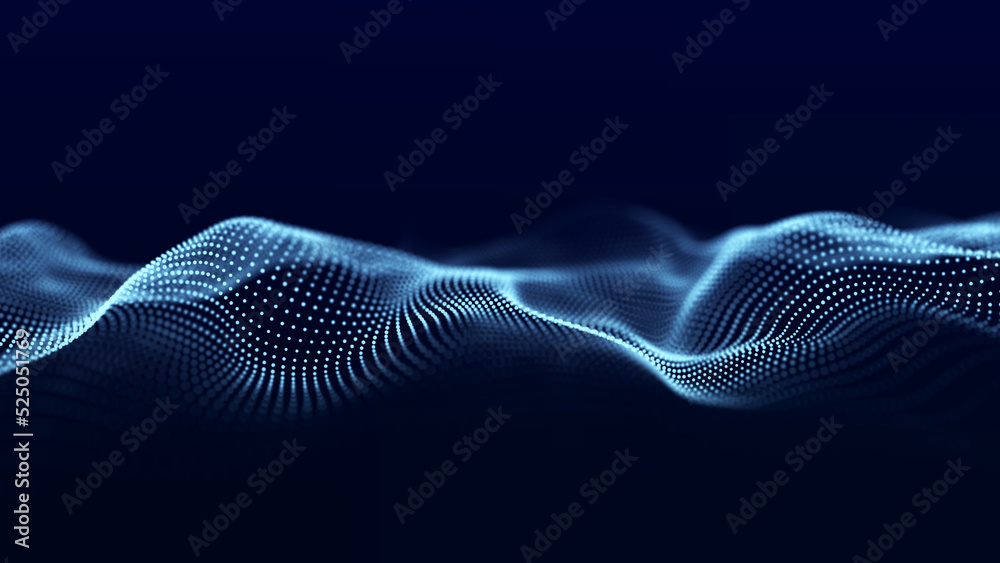 Poster abstract digital data background. wave with moving dots. musical stream of sounds. 3d rendering.