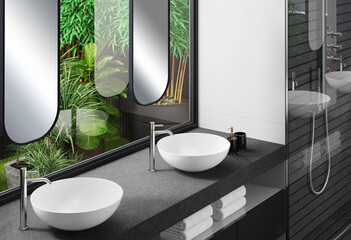 Modern and Luxurious bathroom in apartment with natural stone tiles and garden. 3d illustration