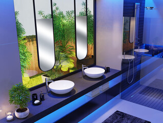 Modern and Luxurious bathroom in apartment with natural stone tiles and garden. 3d illustration