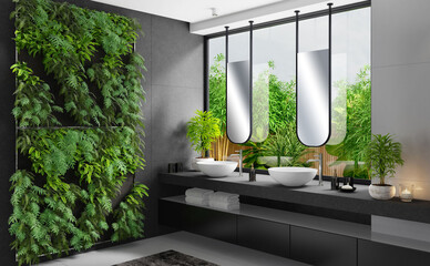 Modern and Luxurious bathroom in apartment with natural stone tiles and garden. 3d illustration