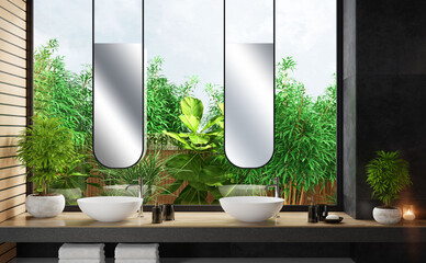 Modern and Luxurious bathroom in apartment with natural stone tiles and garden. 3d illustration