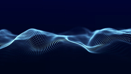Abstract digital data background. Wave with moving dots. Musical stream of sounds. 3D rendering.