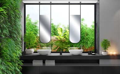 Modern and Luxurious bathroom in apartment with natural stone tiles and garden. 3d illustration