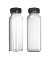 Empty square and round plastic bottle mockup isolated on white background. 3D-rendering.