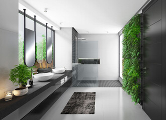 Modern and Luxurious bathroom in apartment with natural stone tiles and garden. 3d illustration