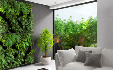 Modern villa. Architecture concept for Real estate. Green plant wall in living room and big window open to small garden with a lot of plants. 3d illustration