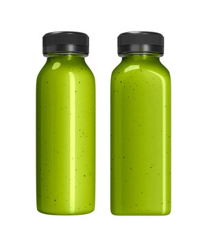 Green fruit juice bottle mockup. Square and round plastic bottle isolated on white background. 3D-rendering.