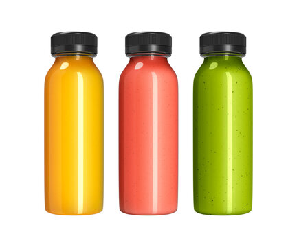 Fruit juice bottle set mockup. Round plastic bottle isolated on white background. 3D-rendering.