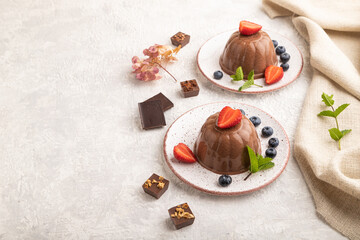 Chocolate jelly with strawberry and blueberry on gray concrete, side view, copy space.