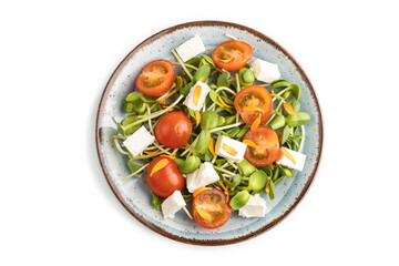 Vegetarian salad of tomatoes, marigold, microgreen, feta cheese isolated on gray. Top view.