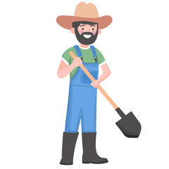 Hand drawn farming farmer in overalls with a shovel