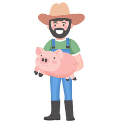 Hand drawn farming farmer in overalls holding pig