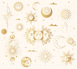 Mystical sun and moon golden collection. Isolated set of esoteric symbols. Hand drawn vector illustration in boho style. Design for astrology, tarot cards and stickers. - obrazy, fototapety, plakaty