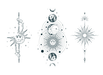 Celestial sun, moon and planets collection. Set of three mystical vector illustrations in boho style for esoteric design, tattoo, tarot cards, print, stickers and witchcraft isolated on white.