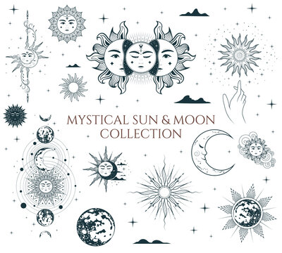 Mystical sun and moon collection. Isolated set of esoteric symbols. Hand drawn vector illustration in boho style.