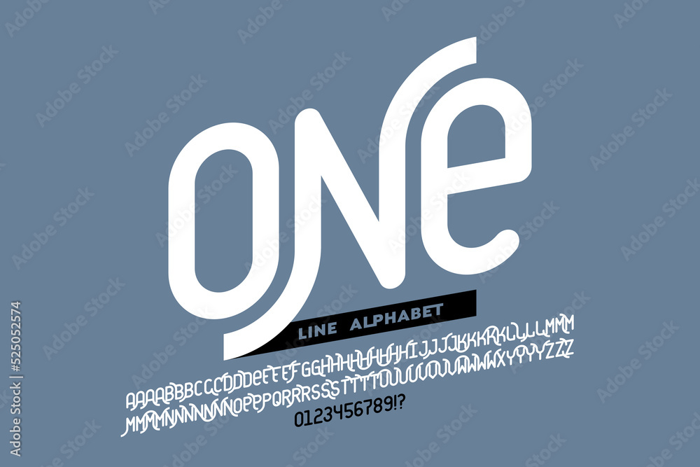 Wall mural one line style font design, set of alphabet letters and numbers vector illustration