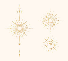 Celestial sun golden collection. Isolated set of 3 esoteric objects. Hand drawn vector illustration in boho style for mystical design, tarot cards and stickers.