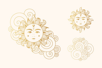 Golden collection of celestial suns with faces. Isolated set of 3  vector esoteric objects. Hand drawn illustration in boho style for mystical design, tarot cards and stickers.