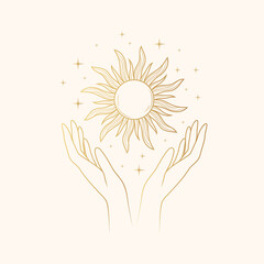 Mystical image of  golden hands holding the sun. Vector esoteric illustration isolated on white. Celestial design for astrology, tarot cards and stickers. - obrazy, fototapety, plakaty