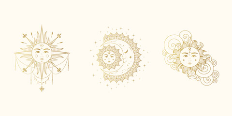 Golden celestial collection of sun and moon with faces. Mystical elements for esoteric design, zodiac, witchcraft, tarot cards and astrology. Hand drawn illustration isolated on white, engraving style