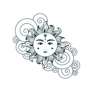 Mystical sun with a face in line art. Hand drawn esoteric illustration isolated on white, engraving stylization. Design for astrology, tarot cards, tattoo and stickers.