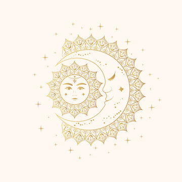 Golden sun inside the moon. Celestial design for astrology, sticker, tarot. Hand drawn vector illustration  in boho style, isolated on white background.