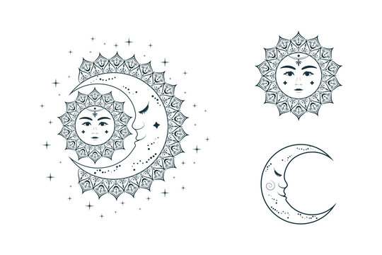 Mystical sun and crescent moon line art set. Vector  esoteric  design elements  isolated on white background. Hand drawn illustration in boho style for witchcraft, tarot cards  and tattoo.