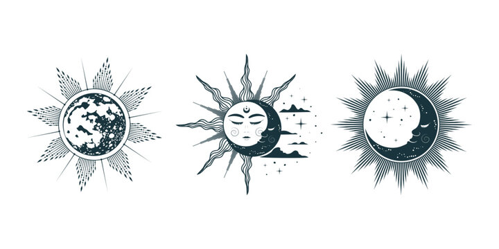 Celestial suns and moons collection. 3  mystical images isolated on white background, engraving style. Hand drawn vector illustration for esoteric design, astrology, zodiac, stickers, tattoo and tarot