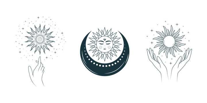 Mystical images of  hands and moon  holding the sun. Vector esoteric illustration in boho style isolated on white. Celestial design for astrology, tarot cards, tattoo and stickers.