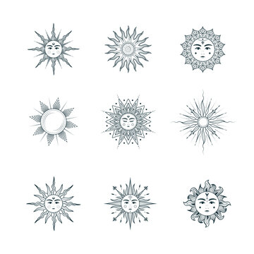 Set of 9 celestial sun images. Mystical design  elements for esoteric, tarot cards, tattoo, stickers and witchcraft. Vector bohemian collection of illustrations isolated on white background.