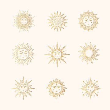 Golden set of 9 celestial sun images. Mystical design  elements for esoteric, tarot cards, stickers and witchcraft. Vector bohemian collection of illustrations isolated on white background.