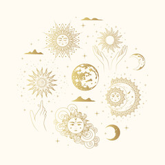 Mystical sun and moon golden collection. Isolated set of esoteric symbols. Hand drawn vector illustration in boho style. Design for astrology, tarot cards and stickers.