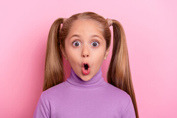 Portrait of lovely adorable young girl with crazy impressed face hear unexpected news isolated on...