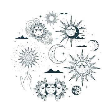Mystical sun and moon collection. Isolated set of esoteric symbols. Hand drawn vector illustration in boho style  for witchcraft, tarot cards, tattoo  and stickers.
