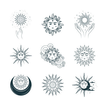Celestial collection  of suns, moons and hands. 9 mystical elements for esoteric design, zodiac, stickers, tarot cards, astrology and tattoo. Hand drawn illustration in boho style.