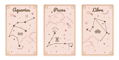 Aquarius Pisces and Libra zodiac symbols surround clouds and stars. Astrology horoscope cards vector illustrations - obrazy, fototapety, plakaty