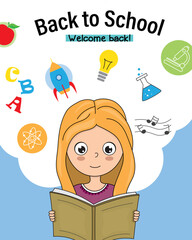 Back to school card. Girl reading.	