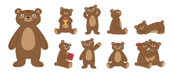 Set of cute flat bears isolated on white background