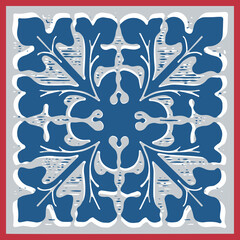 Abstract simple floral rosette in a square. Interior wall design. Geometric oriental arabesque leaf pattern fashion style. Traditional pottery for floor. Vector illustration graphic. Blue red colors - 525053344