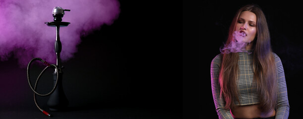 Young woman smoking hookah on dark background with space for text